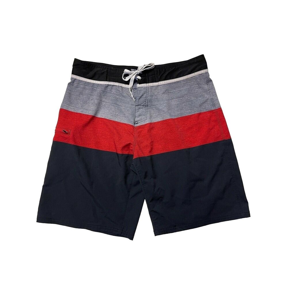 O'rageous Board Shorts Swim Trunks Size 34 Unlined Red Gray Black Drawstring